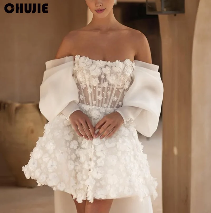 

White Off Shoulder Mini Wedding Dress Detachable With Flower vestidos de novia Cocktail Party Gown Customized Bridal Dress