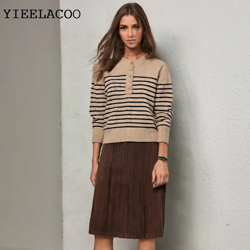 

Knitted shirt women Retro Lazy One Striped pullover button 2025 autumn/winter Knitted Sweater Shirt long sleeved basic Simple