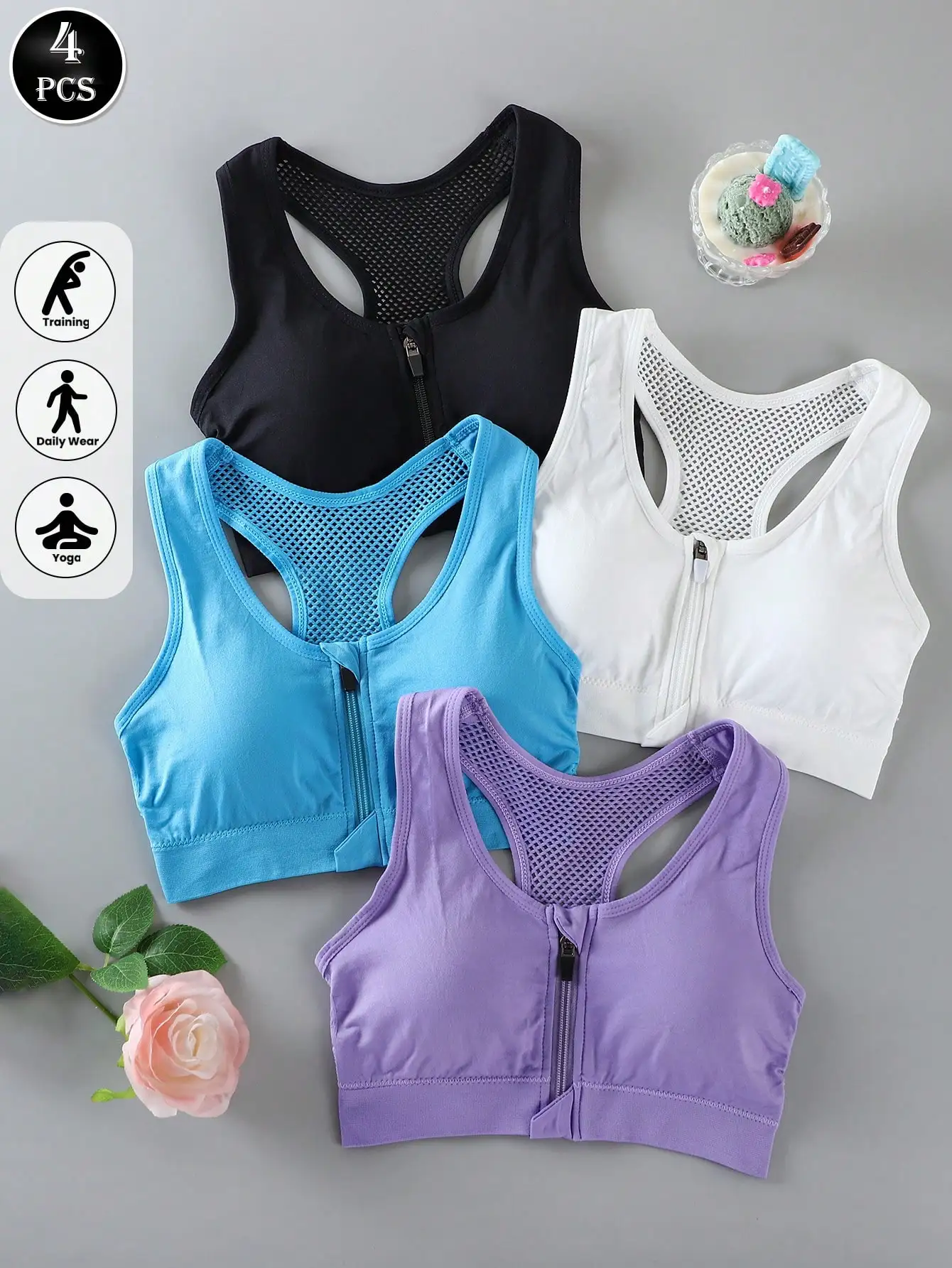 4-Piece Front Zipper Hollow Mesh Shockproof Gather Running Quick-Drying Sports Vest Back Bra Without Steel Ring Sports Bra