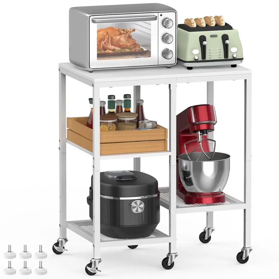 

Kitchen Microwave Cart with Wheels,Coffee Bar Table Station,4Tier Rolling Bakers Oven Rack,Small Appliance Storage Shelf,Utilit