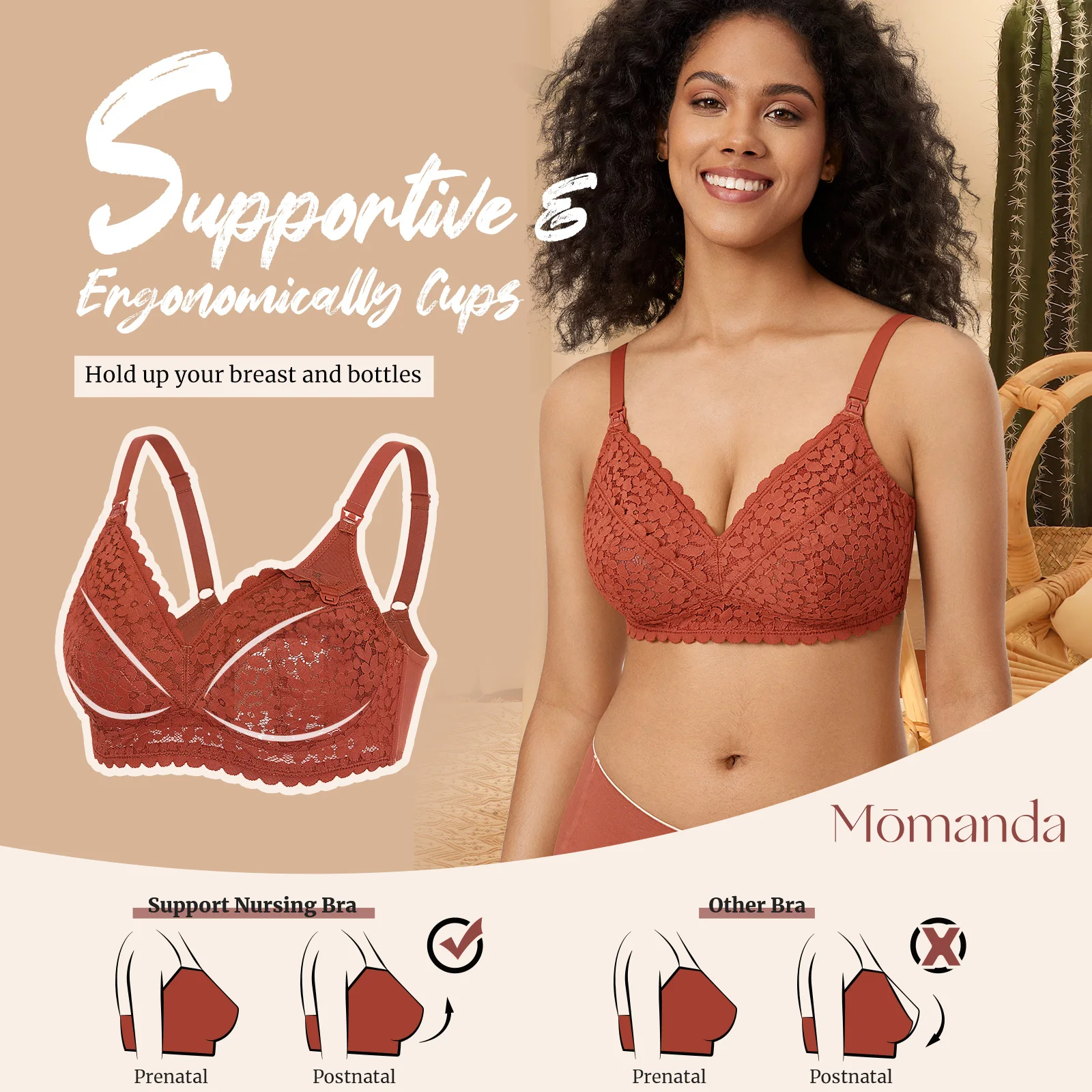 MOMANDA-Sujetador de bombeo con manos libres para mujer embarazada, ropa interior Sexy de encaje, inalámbrica, para amamantar, todo en uno