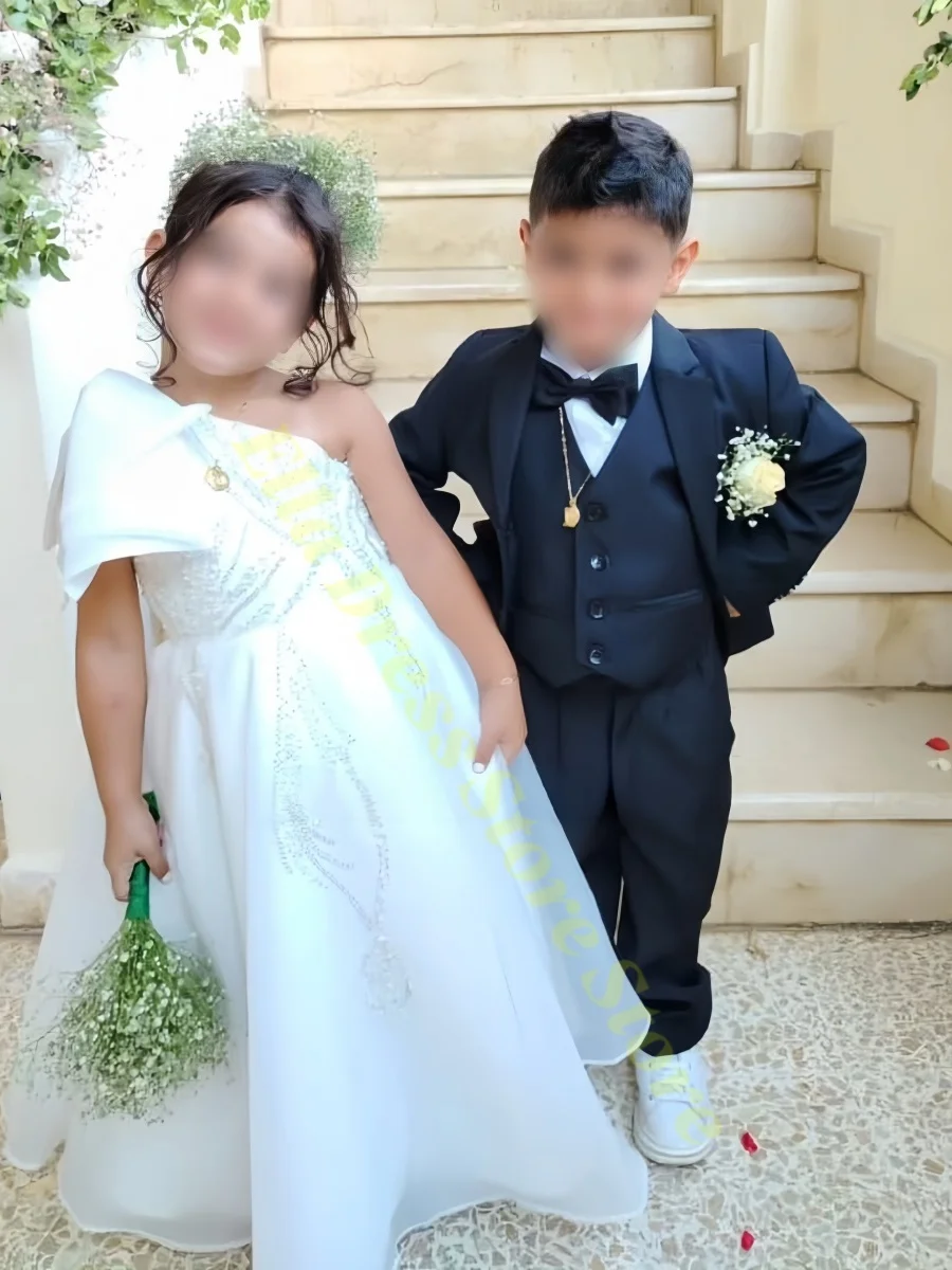 Maßgeschneidertes Weißes Blumenmädchenkleid für Hochzeit Schleife Glitzer Ärmellos Bodenlang Geburtstag Erstkommunion Kleid Großhandel – Detail 2