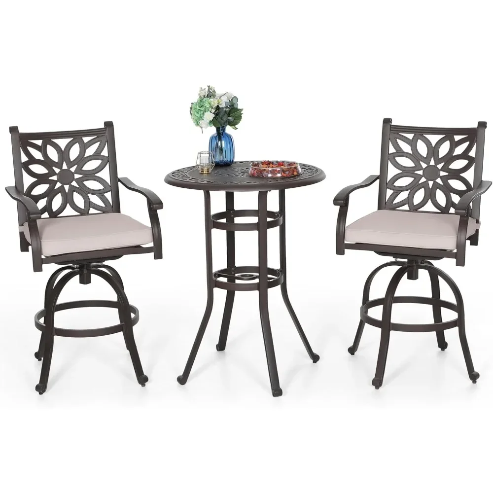 Patio Furniture Set, Brown 3Pcs Cast Aluminum High Top Table and Swivel Bar Stools with Cushion, Pub Bistro Set for Outdoor