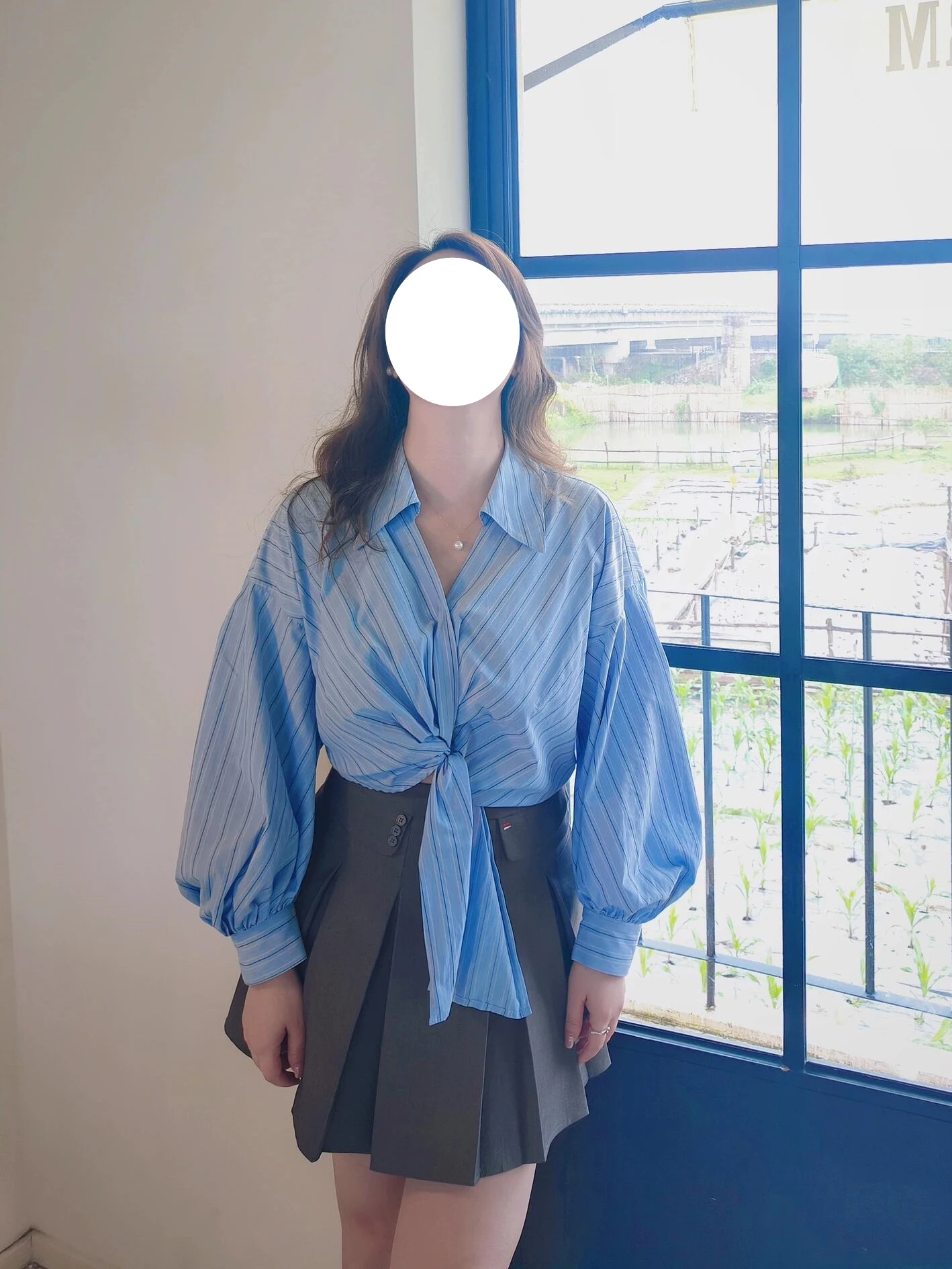 

Blue Striped Long Sleeve Neck Shirt Women's Commuter Style Spring Design Unique Belted Versatile Shirt Korean Fashion