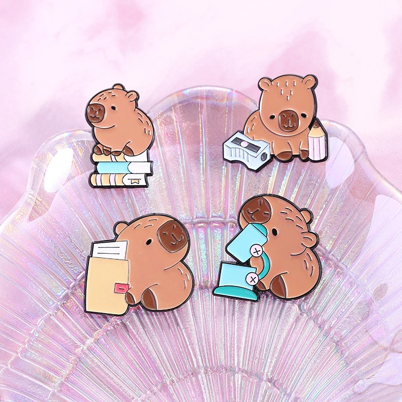School Kawaii Capybara Set Enamel Pins Creative Cartoon Capybara Education Accessories Brooch Lapel Badge Jewelry Students Gifts