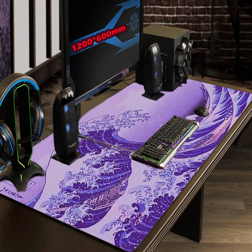 Estilo japonês grande roxo mouse pad, tapete de jogos para pc, acessórios de computador, grande onda, casa, escritório, 100x50, 90x40