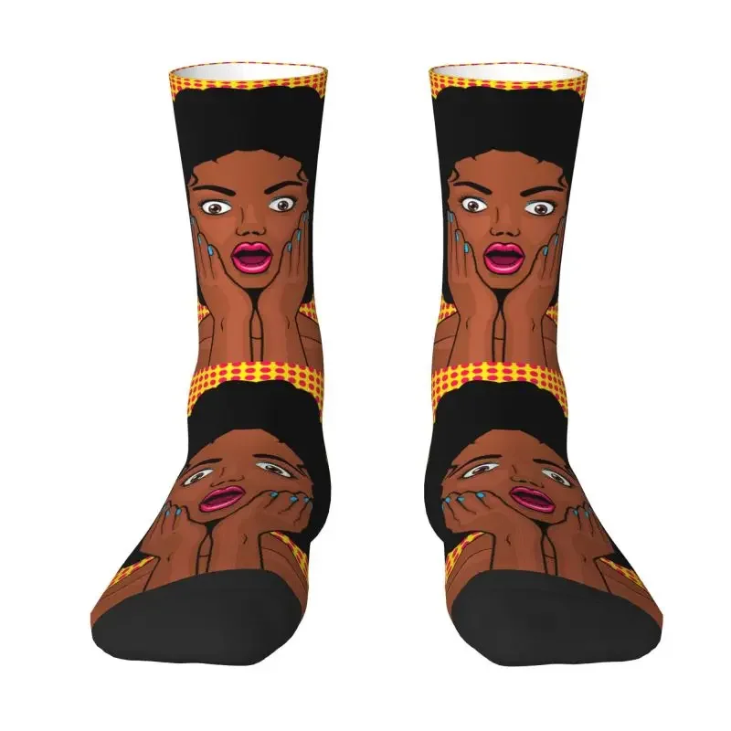 

Fun Printing Sexy Surprised African Woman Pop Art Socks for Men Women Stretchy Summer Autumn Winter Pretty Lady Crew Socks