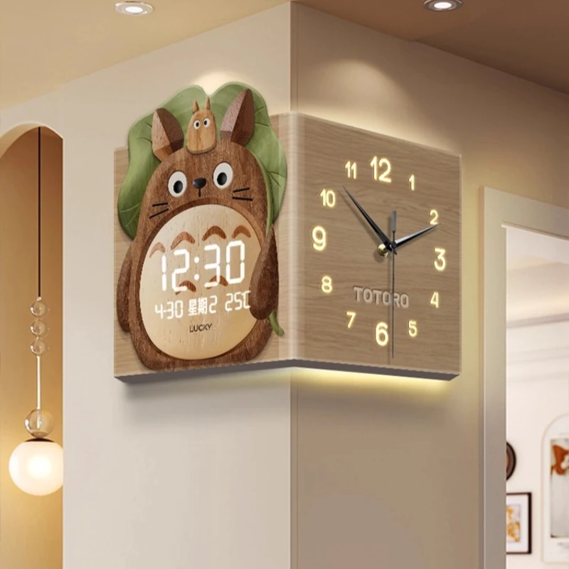 Log Style Double-Sided Wall Clock  Cartoon Cat Digital Clock Mural Restaurant Turn Corner LED Silent Quartz Clock Home Decor