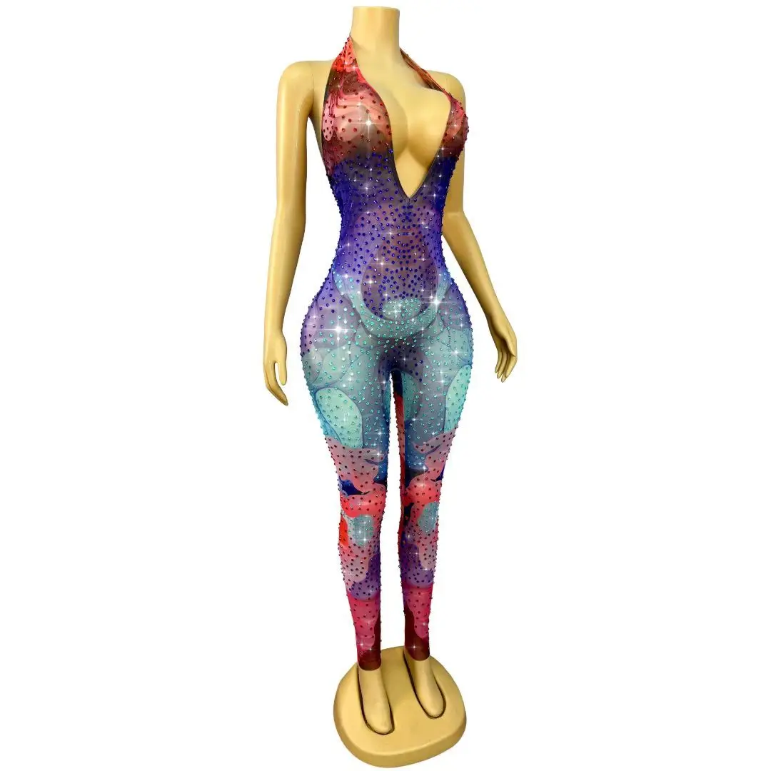 Liyunxian Luxury Multicolor Gradient Art Print Rhinestone Mesh Bodysuit Halter Plunge Neck Singer Performance Outfit