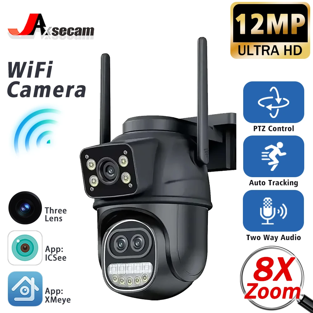 

12MP 6K Outdoor WIFI Camera 8X Zoom Three Lens Dual Screens PTZ Video Cameras Auto Tracking Home Security CCTV Surveillance Cam