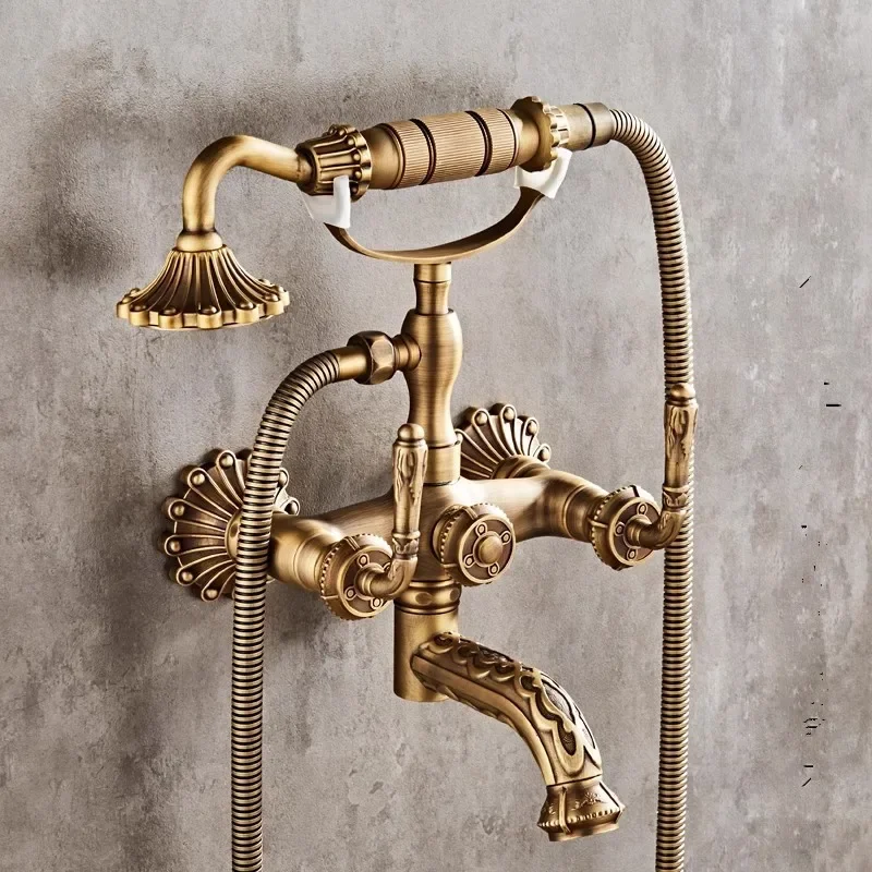 

Antique Bathtub Shower Set Wall Mounted Carved Bathtub Faucet Bathroom Cold and Hot White Bath and Mixer Taps Brass