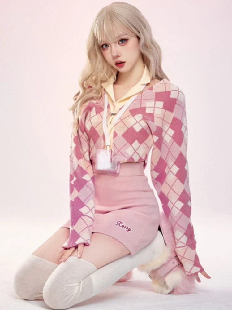 Sweet Party Mini Skirt Suit Female Lolita Kawaii 3 Piece Set Women Halter Vest + Party Pink Skirt + Plaid Long Sleeve Cardigan