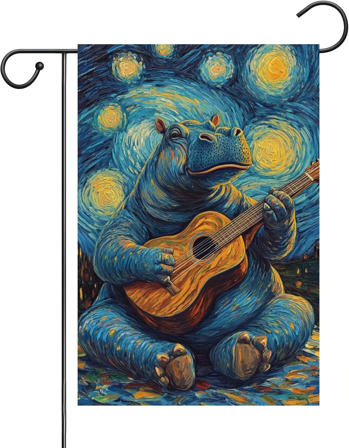 Hippopotamus Garden Flag 12x18 Inch Oil Painting Style Guitar Playing Burlap Yard Flag, for Outdoor Yard, Patio, and Garden  MMZ