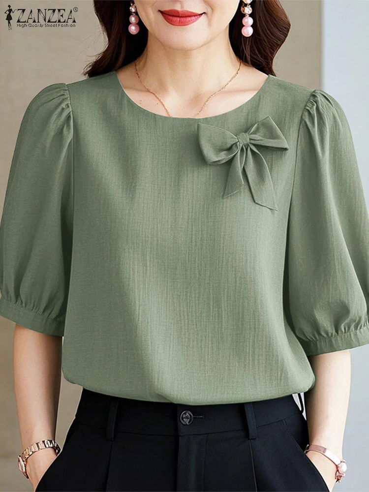 

Fashion Summer O Neck Short Sleeve Shirt ZANZEA Women Elegant Solid Work OL Blouses Bows Tunic Tops Casual Holiday Blusas 2025
