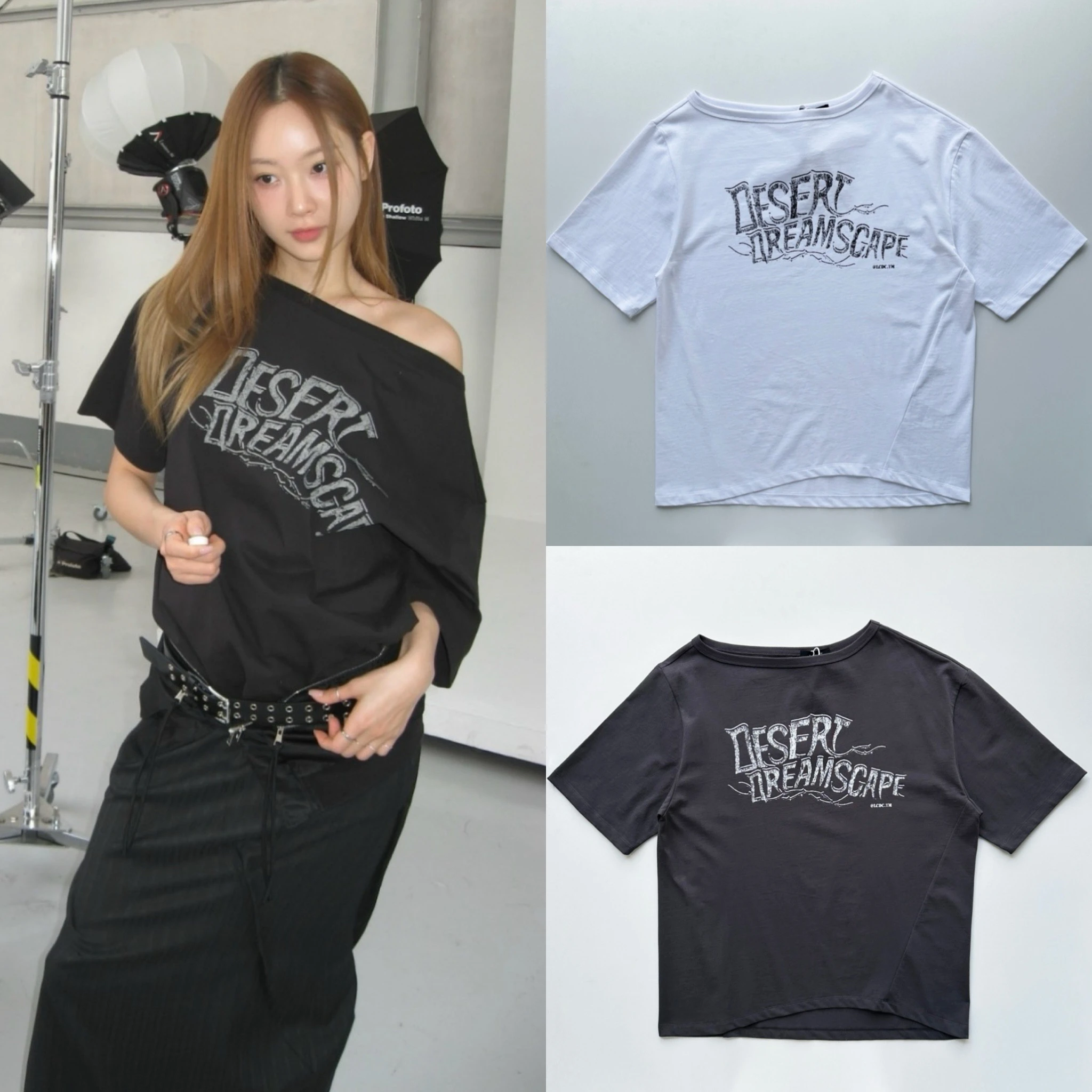 

2025 Spring New Women's T-irt Asymmetric Cut oulder Bared ort Sve Letter Print round Ne mid Length Casual Top