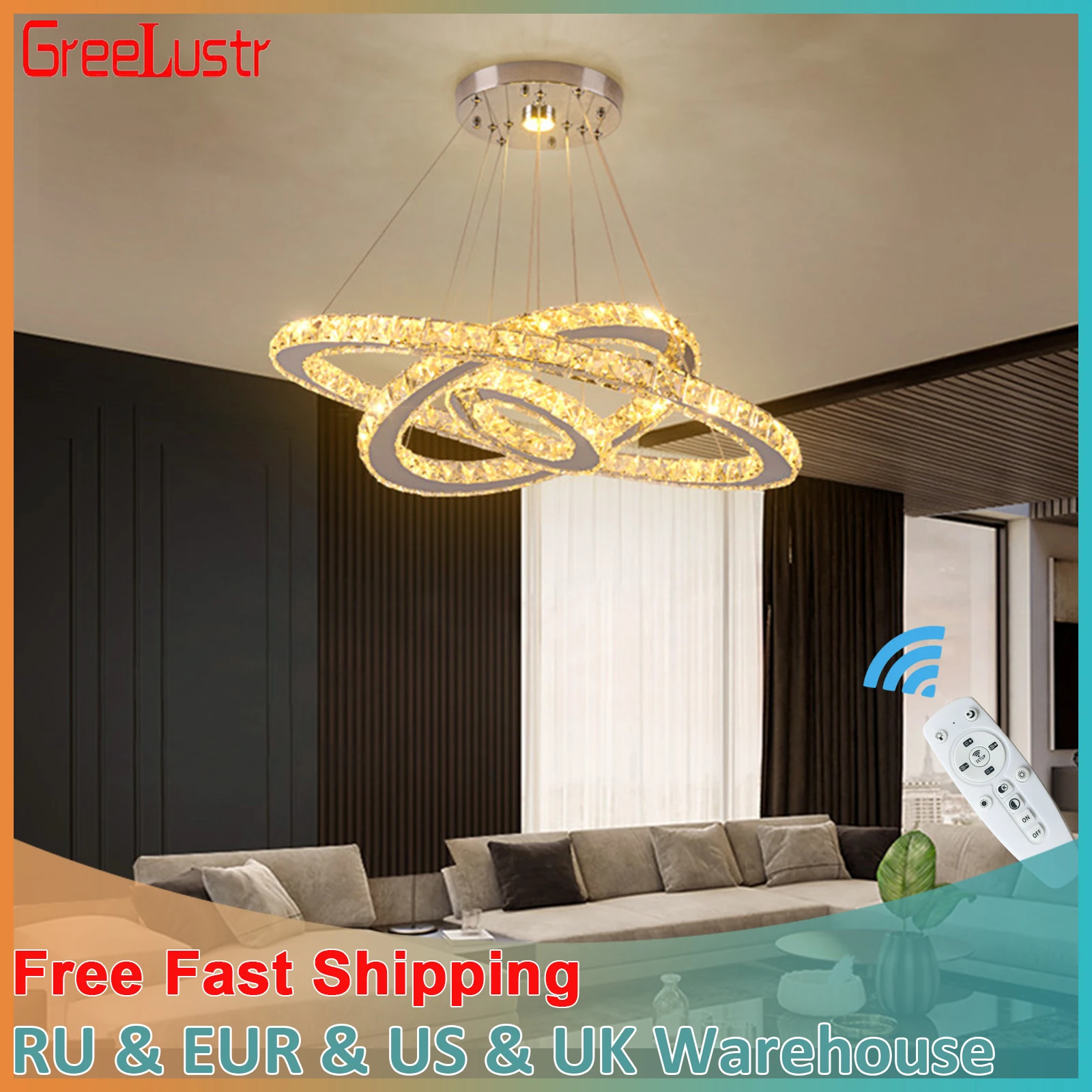 

Luxury Crystal Modern Pendant Light DIY Rings Led Dimmable Chandelier Hanging Lustre Ceiling Lamp Home Living Room Decor Fixture