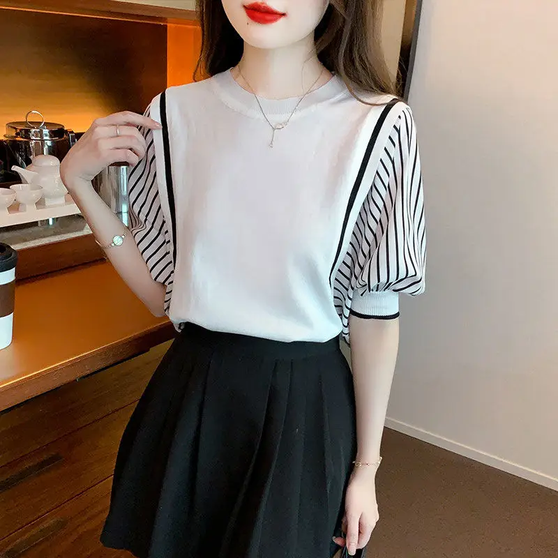 Temperament Vintage Summer T-Shirts Women Clothing Ice Silk O-Neck Striped Office Lady Fashion Casual Loose Short Sleeve Tops