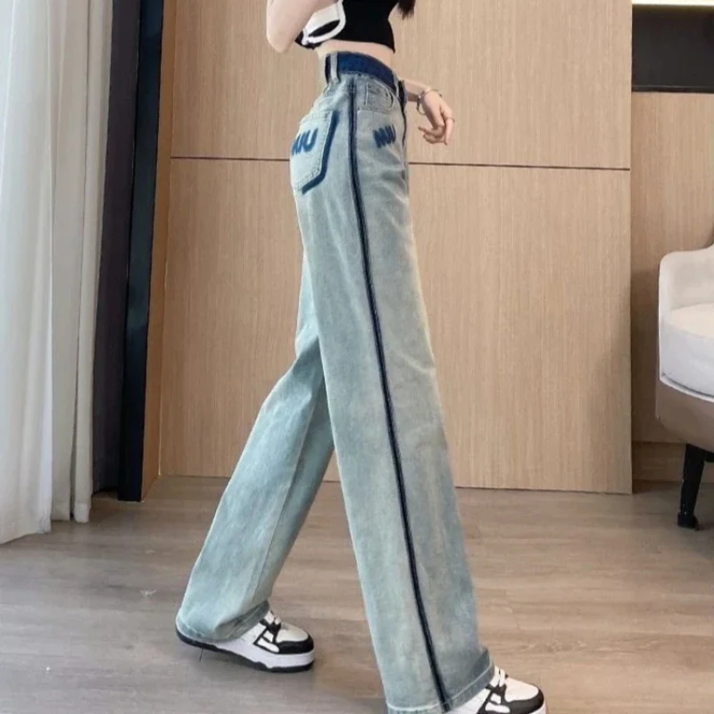 Denim Pants for Women Wide Leg Trousers Solid Color Loosefit R Streetwear Cool Baggy Womens Jeans Retro Fashion Casual Stretched