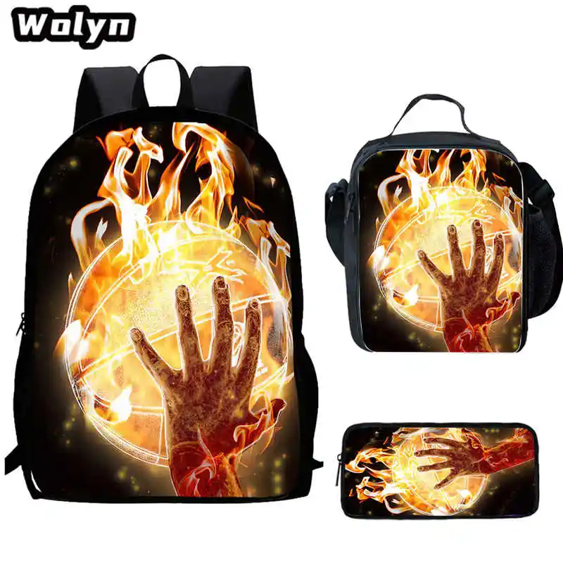 Basketball Print School Backpack for Grade1-4 with Lunch Bags Pencil Case,School Bags Set for Boys Girls,Bookbags for Children