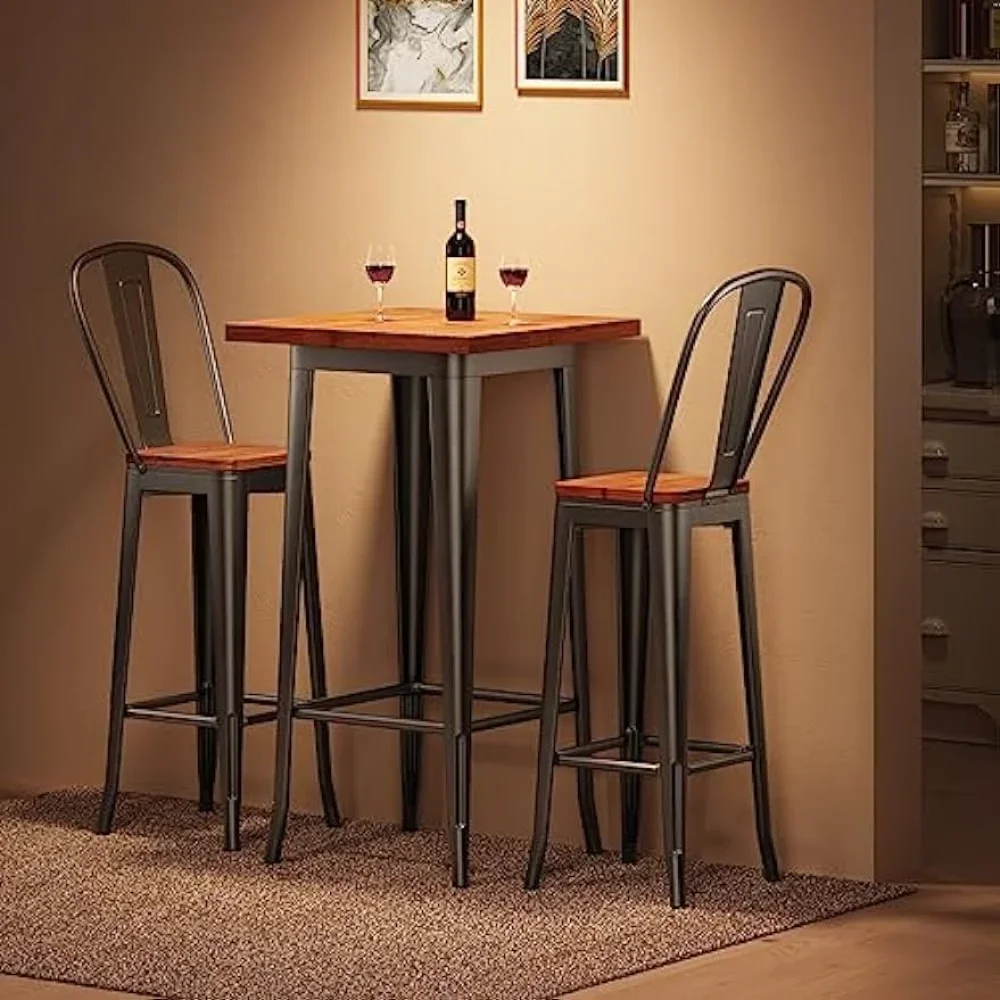 Bar Table and Chairs Set, Pub Table and Chairs Set of 2, with Elm Solid Wood and Thickened Metal Frame