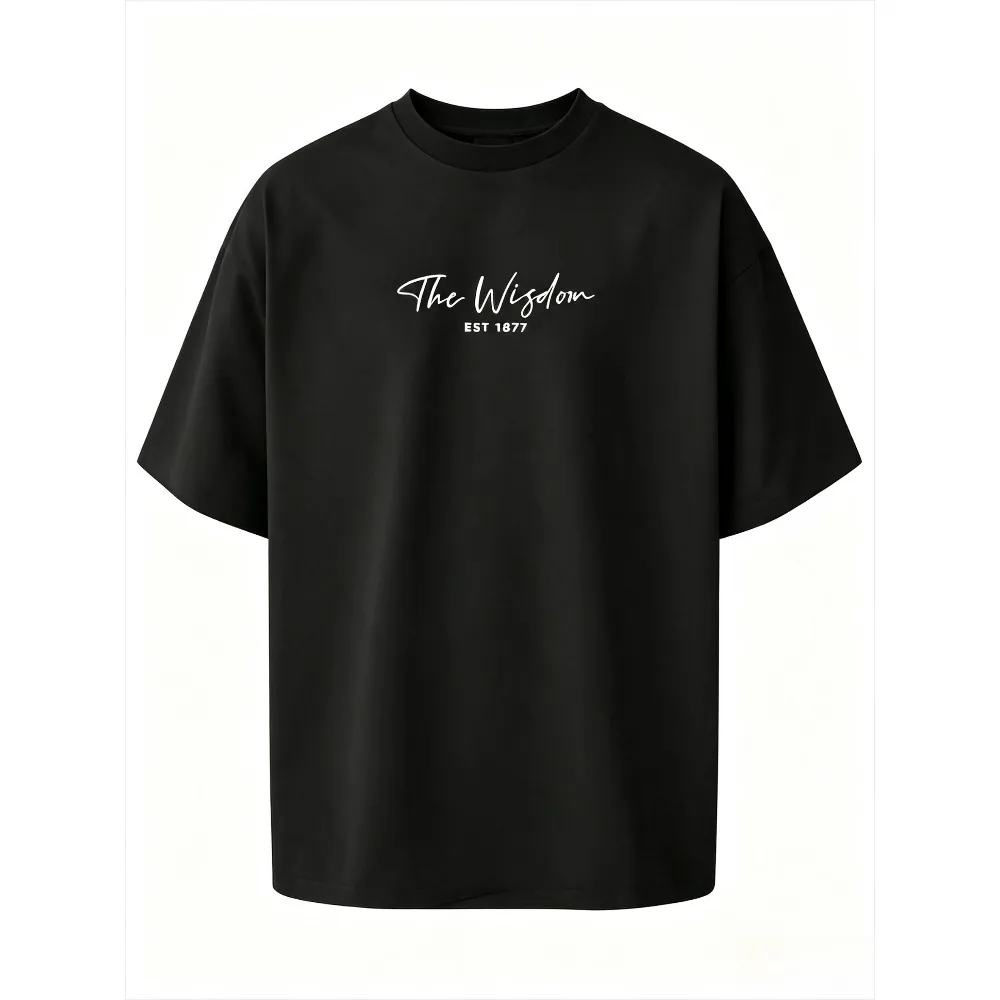 Script The Wisdom EST 1877 Text Graphic Men T Shirt Minimal Letter Print Casual Oversized Streetwear Short Sleeve Tops