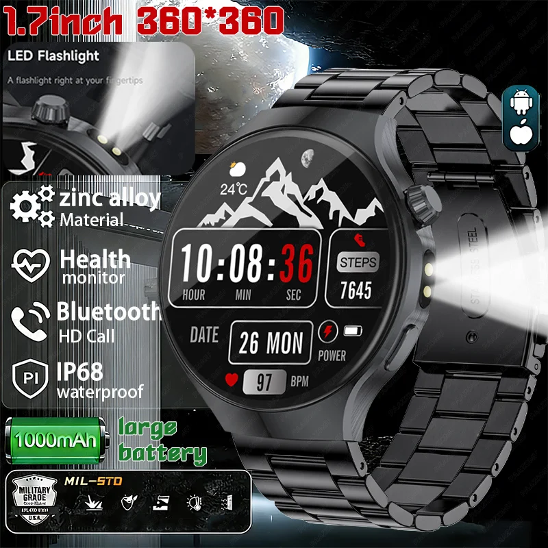 

Новые прочные и долговечные смарт-часы для взрослых мужчин 2026 года с аккумулятором 1000 мАч, большим HD-экраном 1,7 дюйма, функцией звонков и водонепроницаемостью IP68, спортивные часы