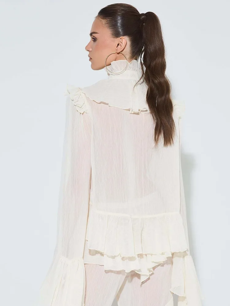 Articat Fashion Long Sleeve Ruffled Chiffon Tie Top T-Shirt Women Elegant Half High Collar Slim Female Autumn New 2025 Clothing