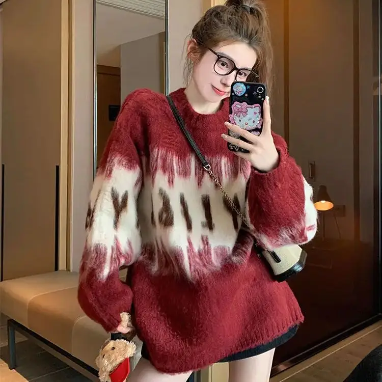 

Red Sweater Women Autumn And Winter 2024 Autumn Winter New Christmas Loose Lazy Wind Thickened Bottoming Shirt Knit Top