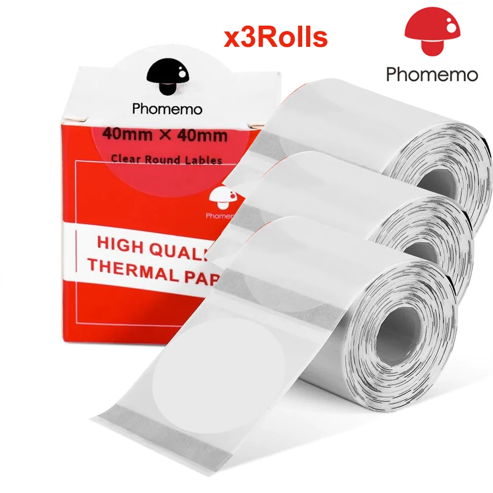 3Rolls Phomemo Transparent label Self-Adhesive Labels Paper for M110 200 220 Label Maker Printer Thermal Sticker Printable Paper