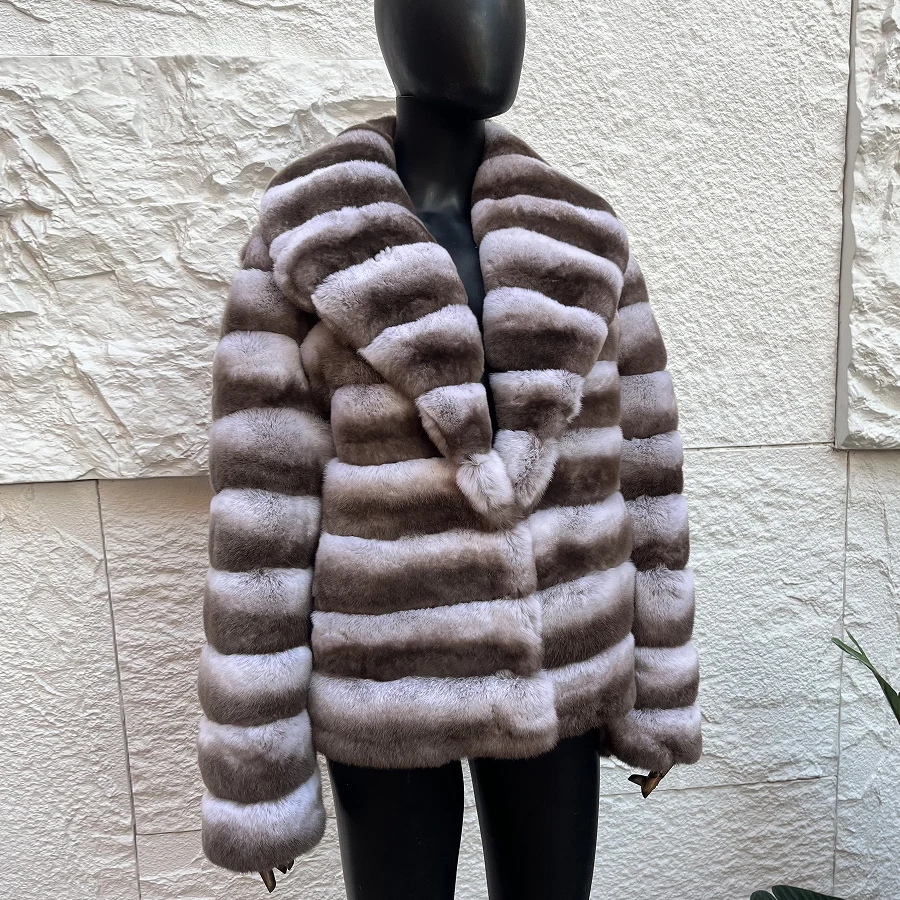 Real Rex Rabbit Fur Coat With Lape Women Chinchilla Fur Coats Best Seller Natural Fur Jacket Women's Winter Coat