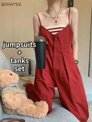 Sets Women Summer Office Lady Loose Casual Full Length Streetwear Jumpsuits Daily Outfit New Chic Classic Tanks Striped Vintage