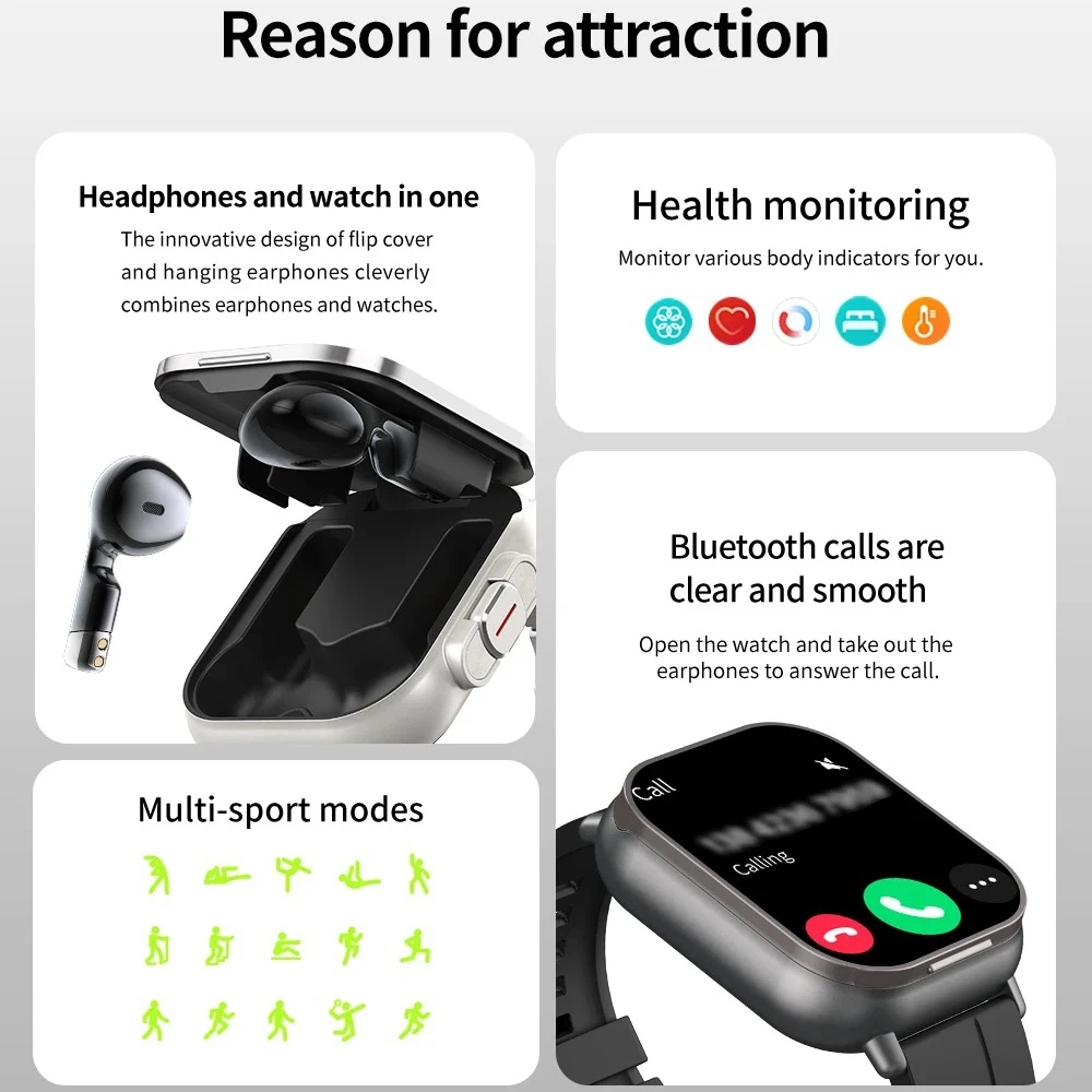 Smart Watch with Wireless Earphone Earbuds TWS Bluetooth Headphone Headset Heart Rate Fitness Tracker Health Monitor Smartwatch