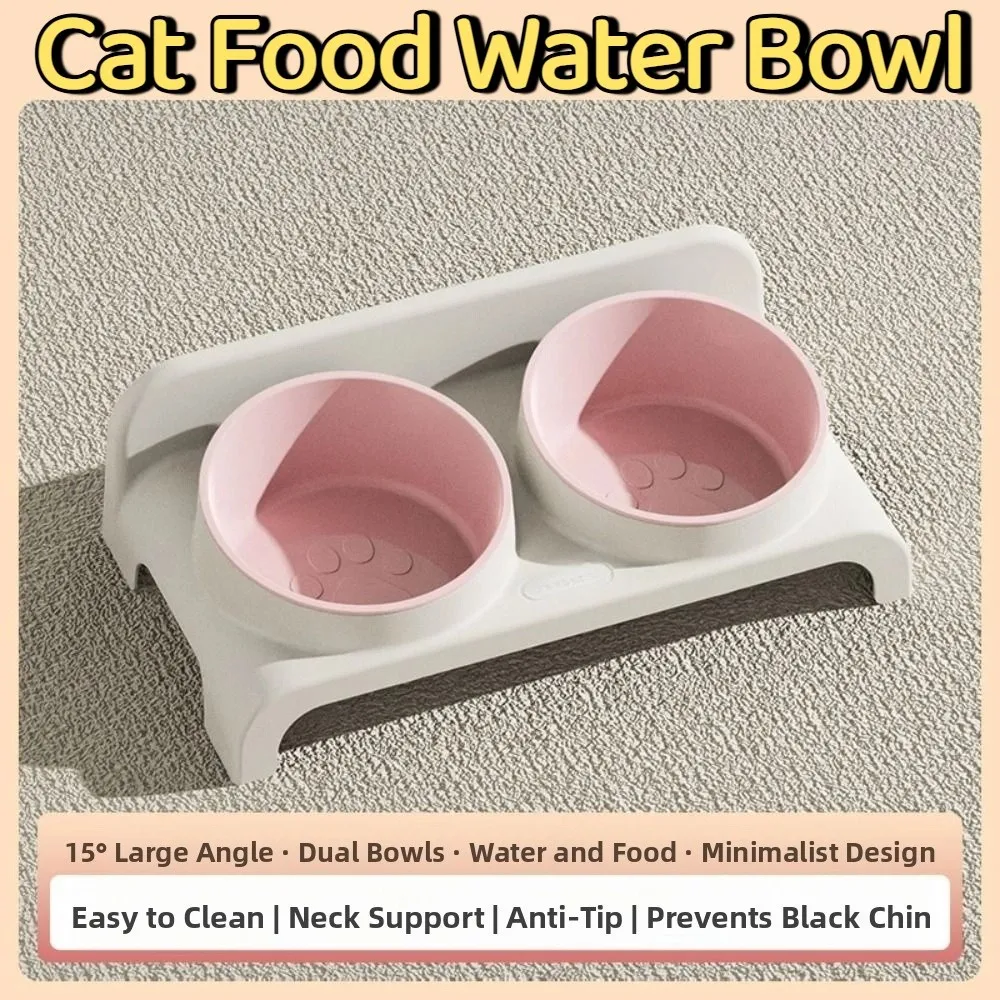 

Double Bowls Cat Food Water Bowl 15 ° Slant Non-Slip Pet Water Feeder Container Protect Cervical Spine Anti-flip