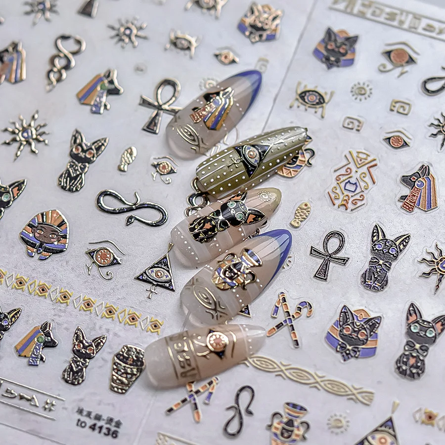 New Bronzing Gold Ancient Egyptian Elements Cat Snake High Quality Nail Art Stickers Adhesive Design DIY Nail Decals T-4136