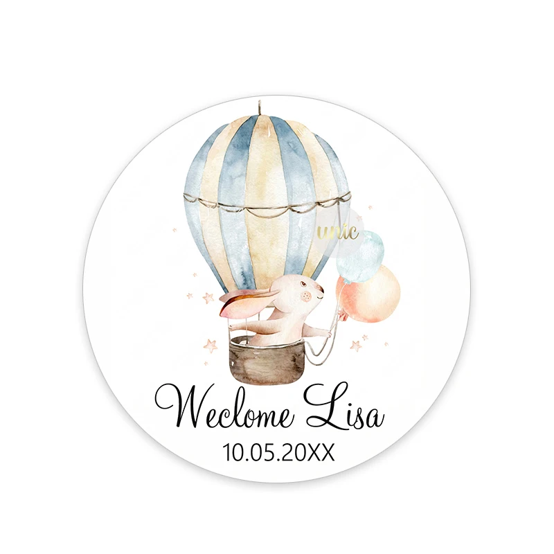 Custom Welcome Baby Hot Air Balloon Animals Birthday Party Labels Favors Round Sticker Baby Shower Personalise Travel Sticker