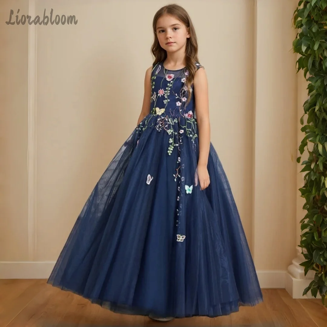 

Girls' Tulle Embroidered Gown Floral Embroidered Long Flower Girl Dress Women's Wedding Party Attire Dress свадебное платье