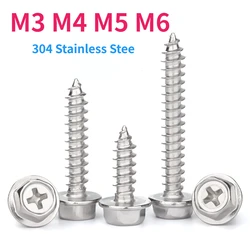 304 Stainless Steel M3 M4 M5 M6 Self-Tapping Phillips Hex Screw Cross Hexagonal Flange Cross Head Screws Wood Nail