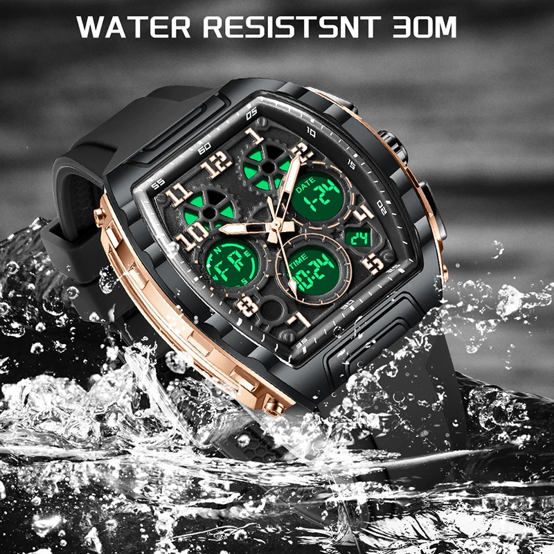 2026 New Men Watch FOXBOX Outdoor Sport Waterproof Watch For Men Fashion Square Black Silicone LED Chronograph Quartz Wristwatch