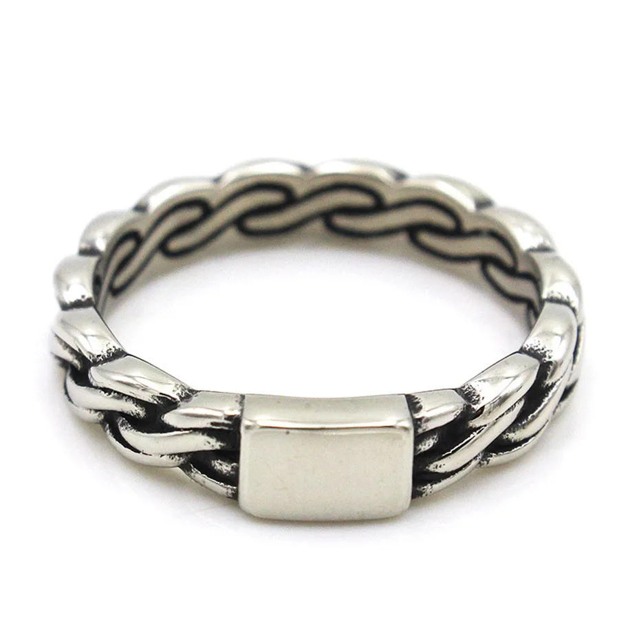 Punk Vintage Stainless Steel LOGO Engraving Braided Twisted Signet Band Rings for Men Women