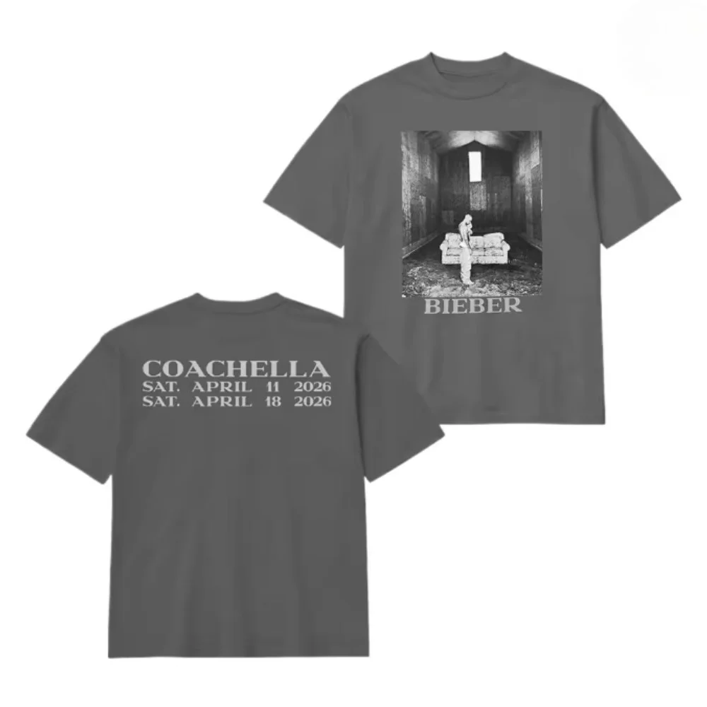 Camiseta Unissex de Algodão com Estampa Vintage Solta Justin Bieber Coachella 2026 - Nova Coleção Verão Y2K Masculina e Feminina