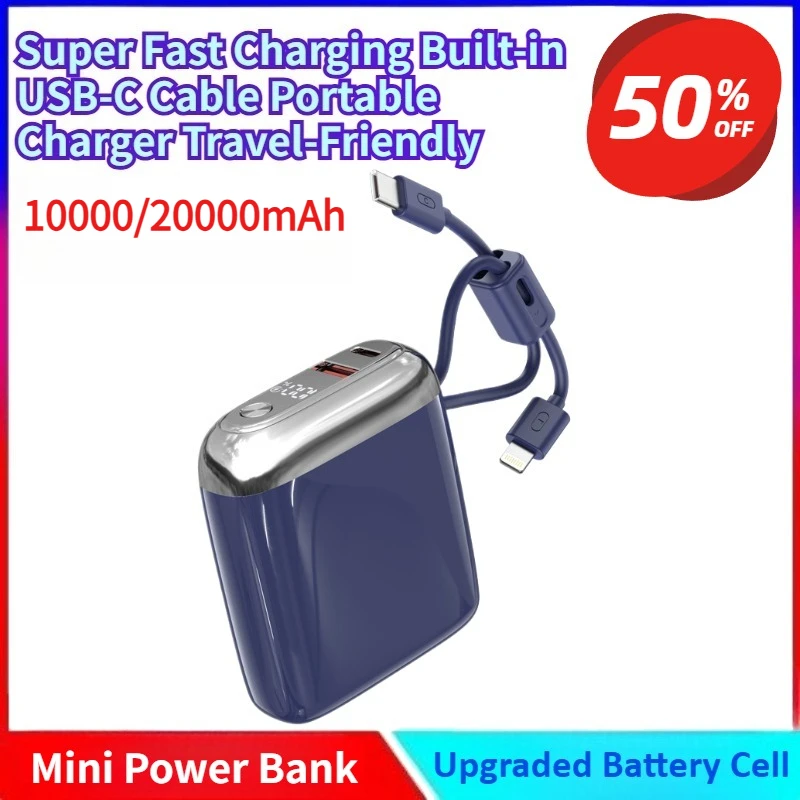 

New 66W 20000mAh Mini Power Bank Super Fast Charging Built-in USB-C Cable PD3.0/QC3.0 Certified Portable Charger Travel-Friendly