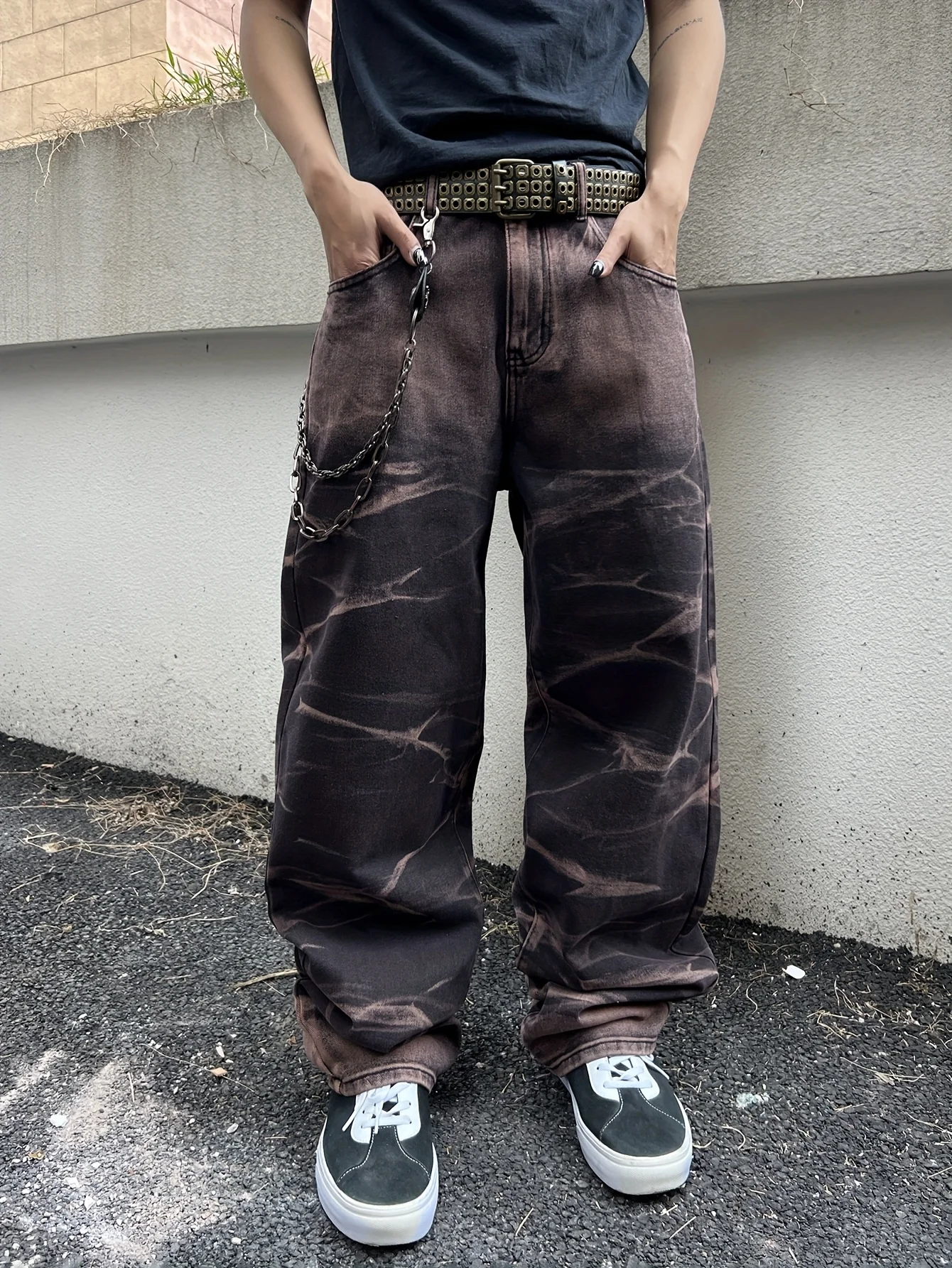 メンズストレッチルーズストレートデニムジーンズ、コットンヒップホップカジュアルパンツ、ストリートウェアデイリーバギーワイドレッグデニムパンツ