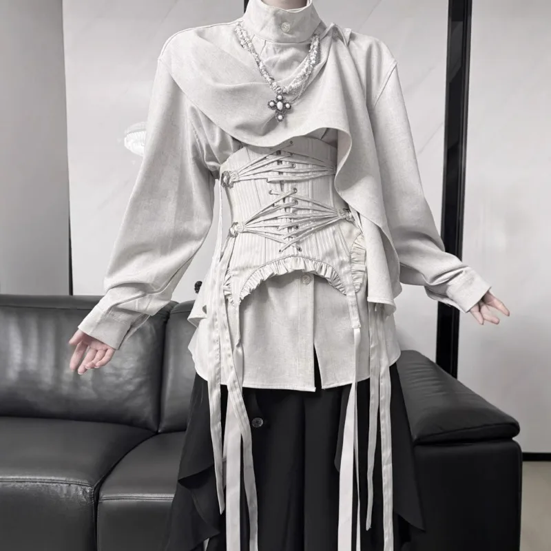 Y2K Aesthetic Harajuku Streetwear Top Gothic Corset Shirt Women Vintage, Lace Up Irregular Patchwork High, Collar Blouse Top New