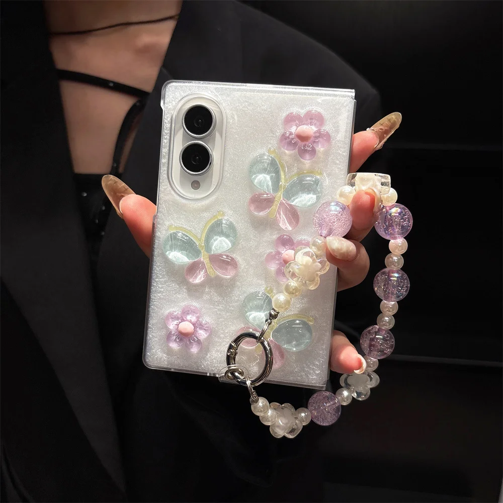 Cute Pastel Jelly Butterfly Flower Phone Case for Samsung Galaxy Z Fold 8 Ultra Pearl Bead Wrist Strap Cover for Z Flip 8-3