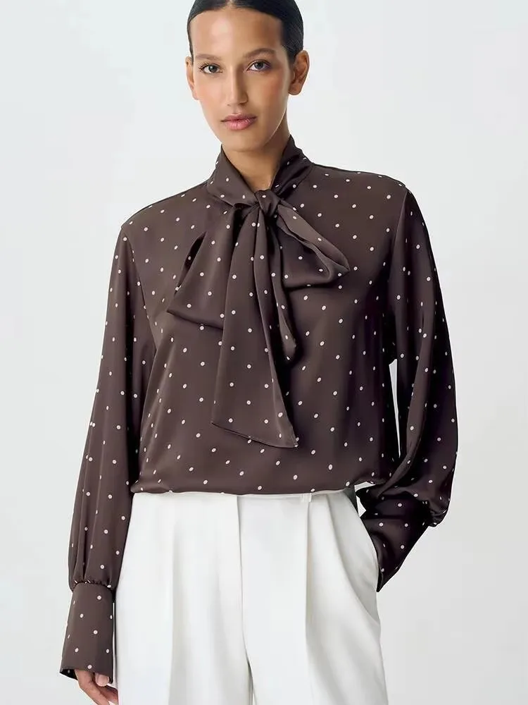 

Fantoye Satin Print Polka Dots Bow Women Blouses White Long Sleeve Single Breasted T-Shirt Female Autumn Slim Casual Streetwear