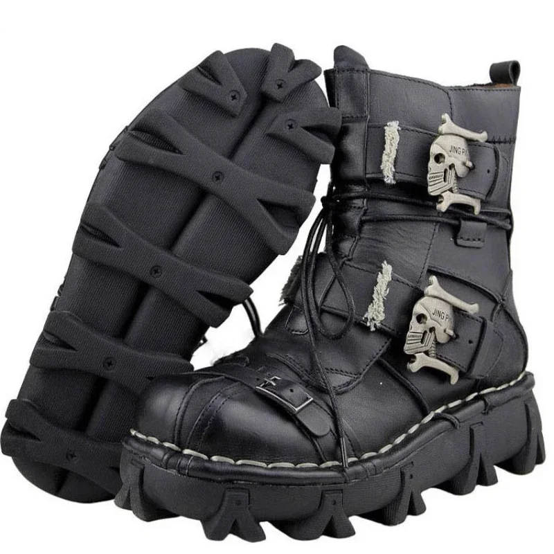 Mens Cowhide Leather Motorcycle Boots Gothic Skull Punk Desert Ankle Boots Men Mid Calf Combat Boots Motorbike Bota Motocross