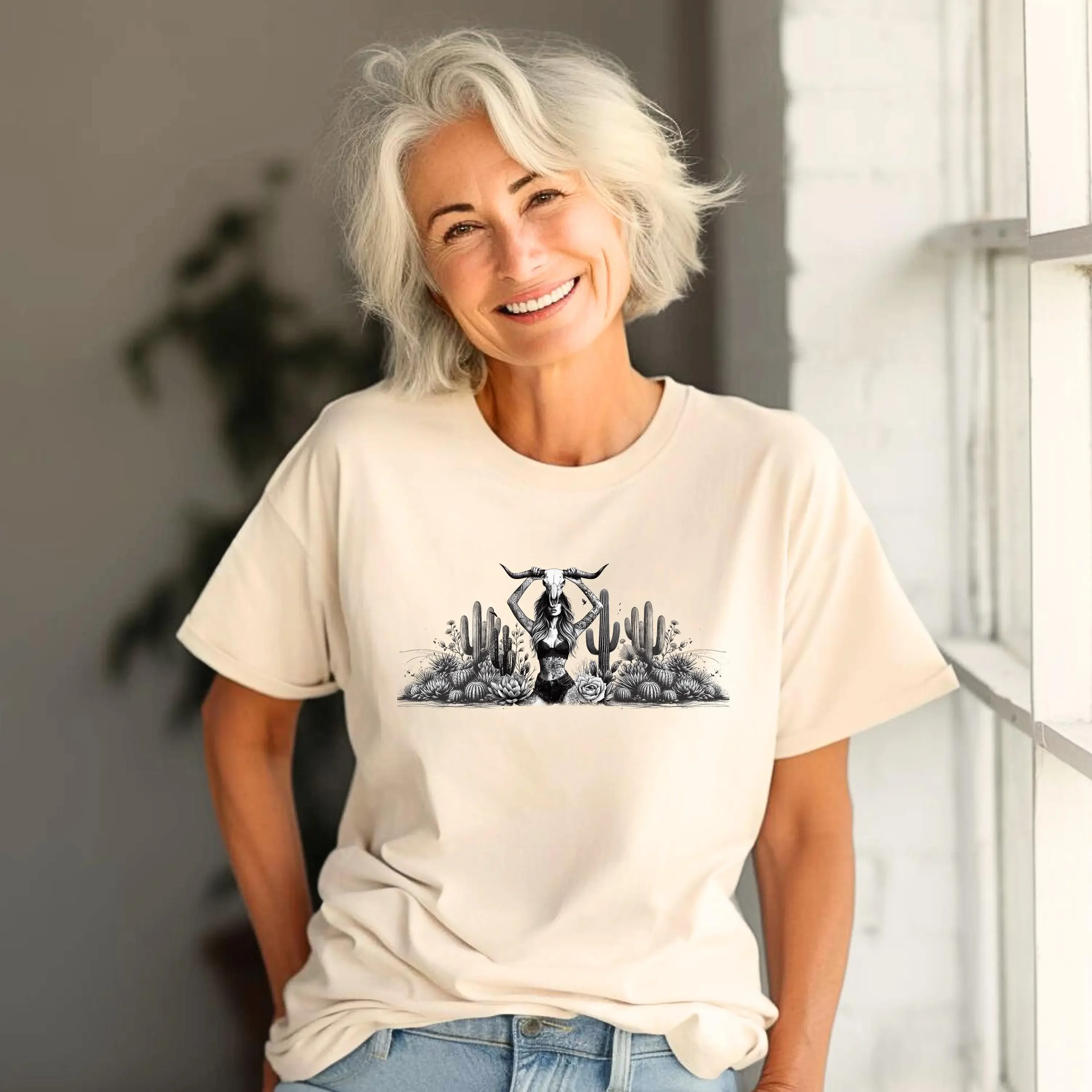 Gray Scale Girl and Cactus T Shirt Tshirt Graphic T s Multiple Colors Available