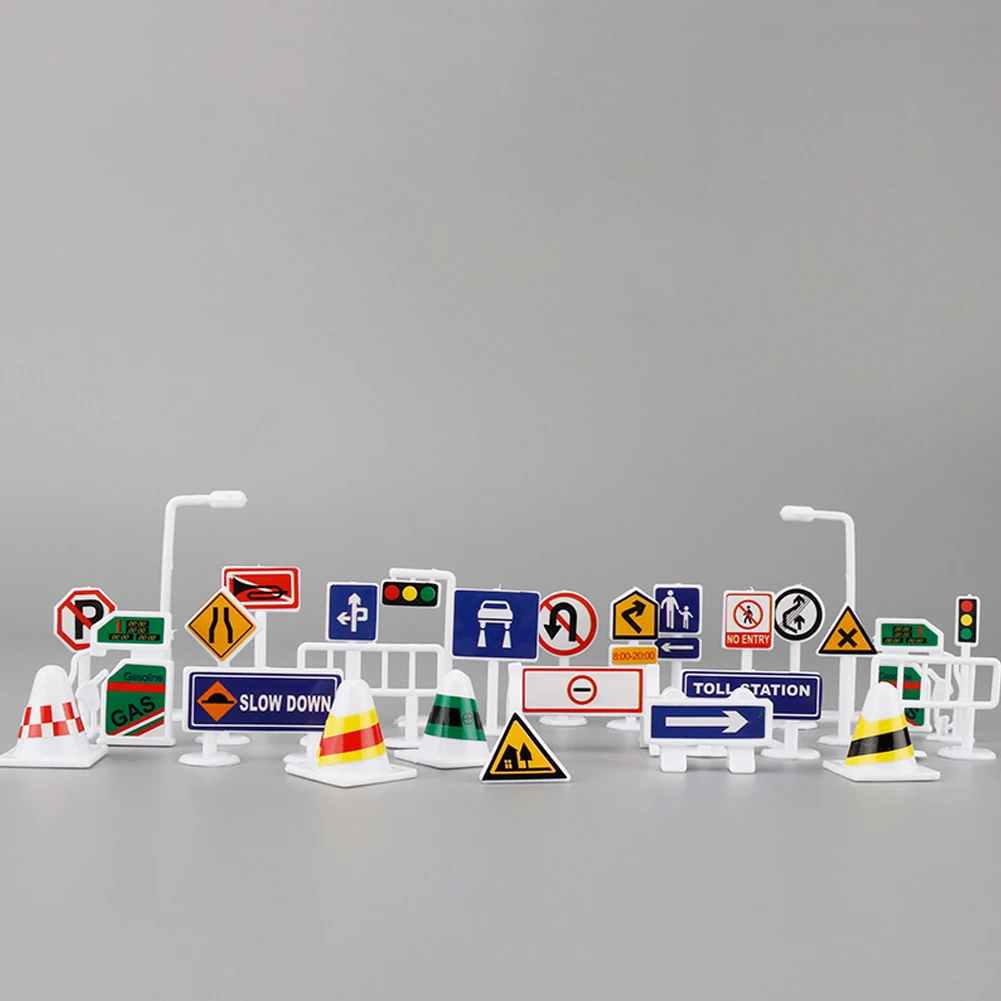 28 Pcs Mini Traffic Signs Car Toy Accessories Children DIY Model Scene Toys Vehicle Model Road Signs Children Gifts