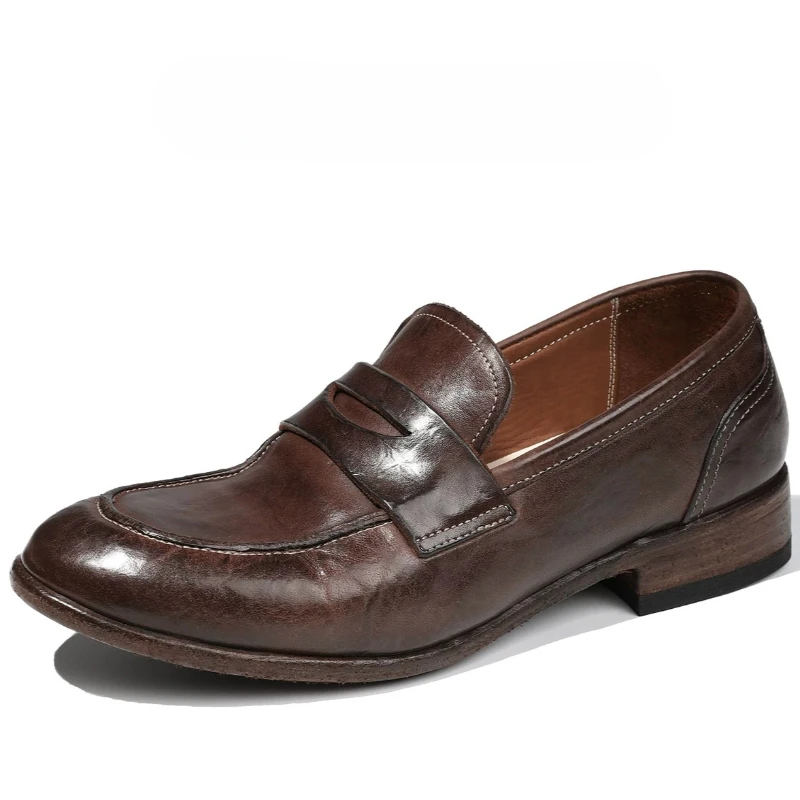 Retro Washed Horse Leather Loafers Shoes for Men's Horse Skin Hand-sewn Goodyear Wear-resistant Horsehide Business Casual Shoes