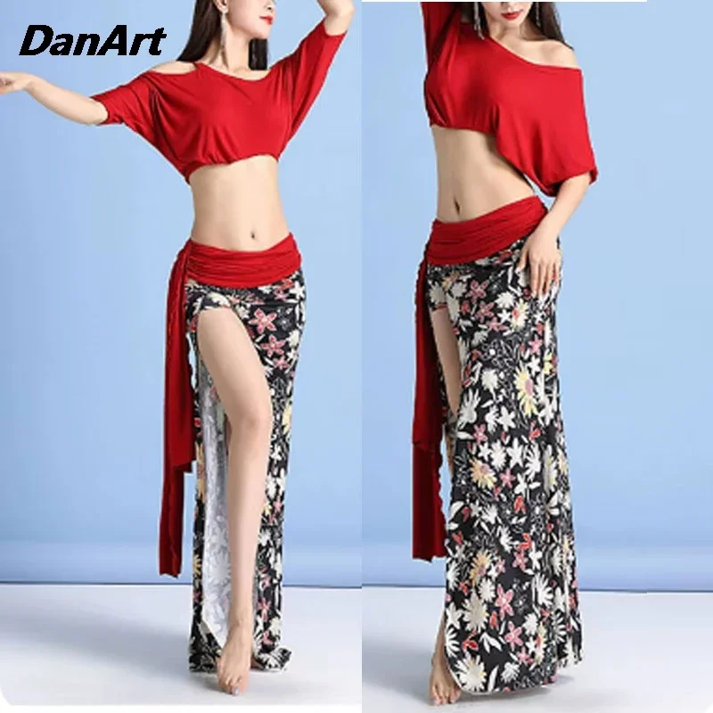 Neues Damen-Bauchtanzkostüm für Herbst und Winter, sexy bedrucktes geteiltes Übungskostüm mit Sicherheitshosenfunktion